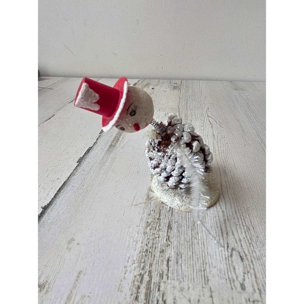Vintage shiny brite pine cone snowman chenille top hat glitter figurine Xmas